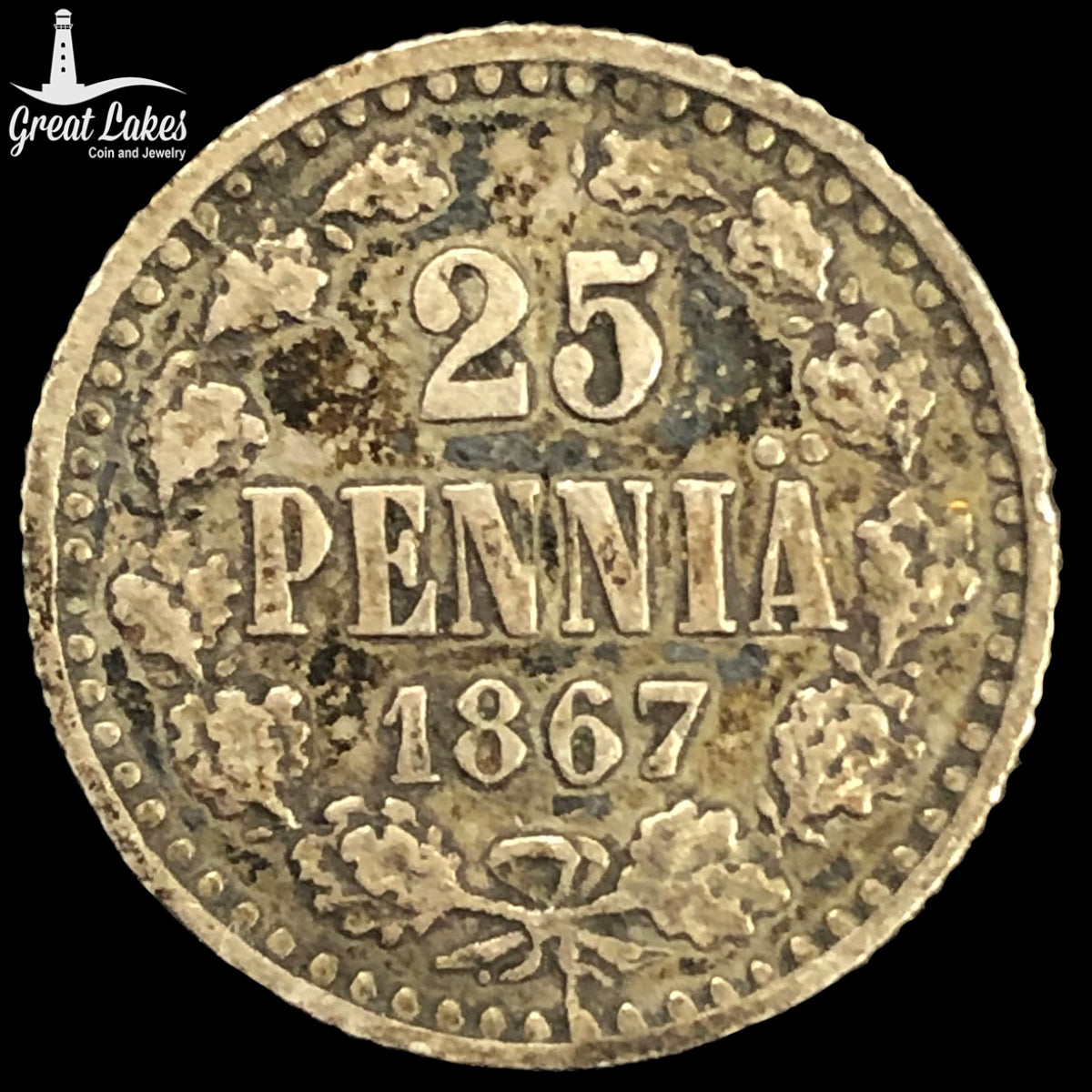 1867-S Finland 25 Pennia NGC VF Details (Environmental Damage)