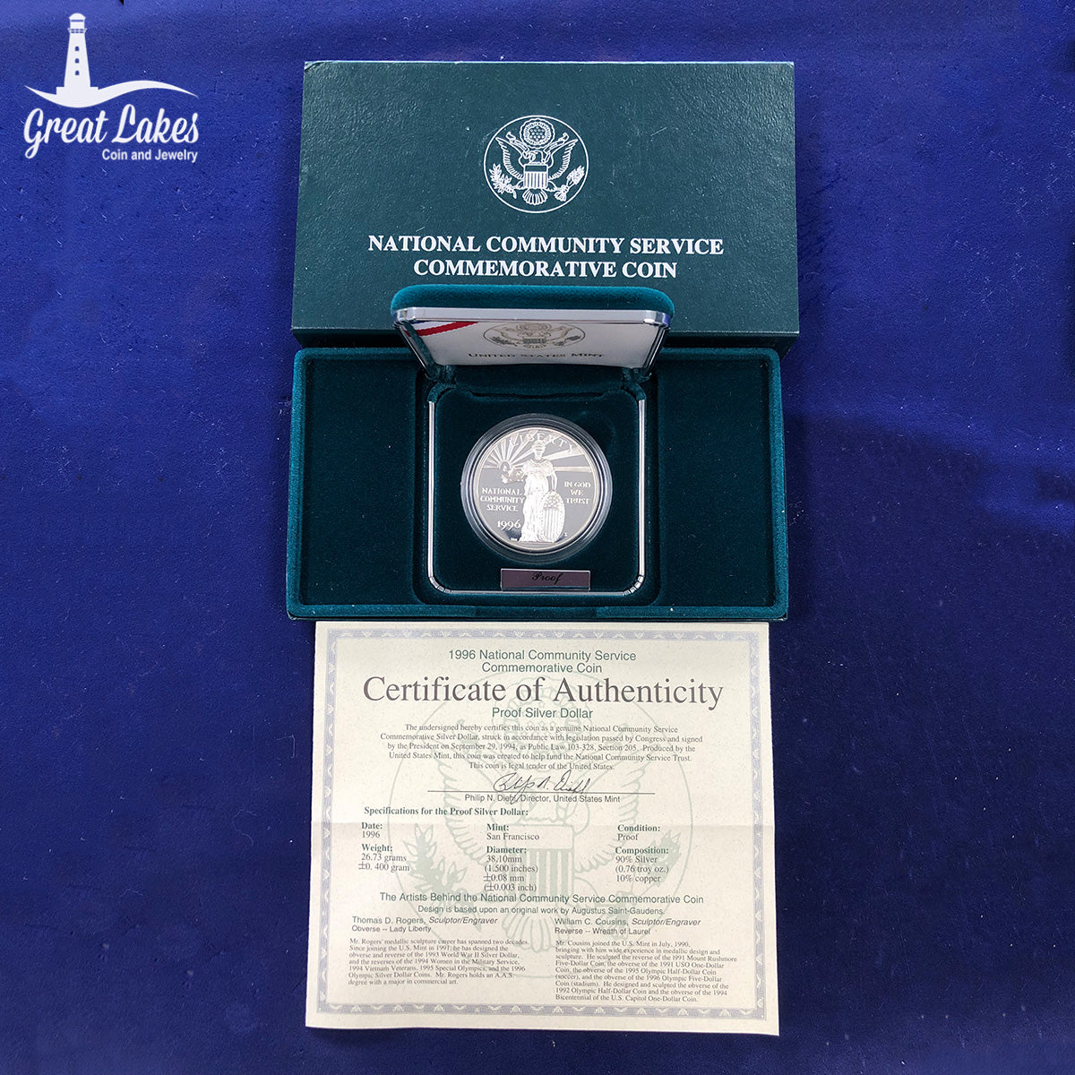 1996-S National Community Service Silver Proof Dollar (With Box &amp; CoA)