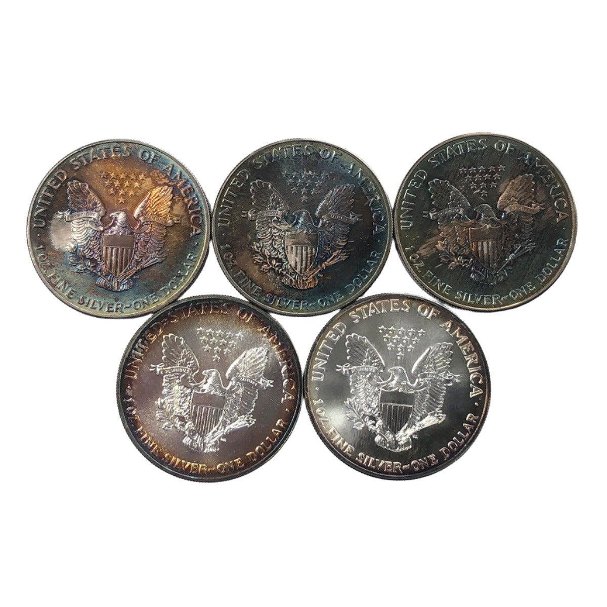 Lot of 5 Toned 1 oz American Silver Eagles
