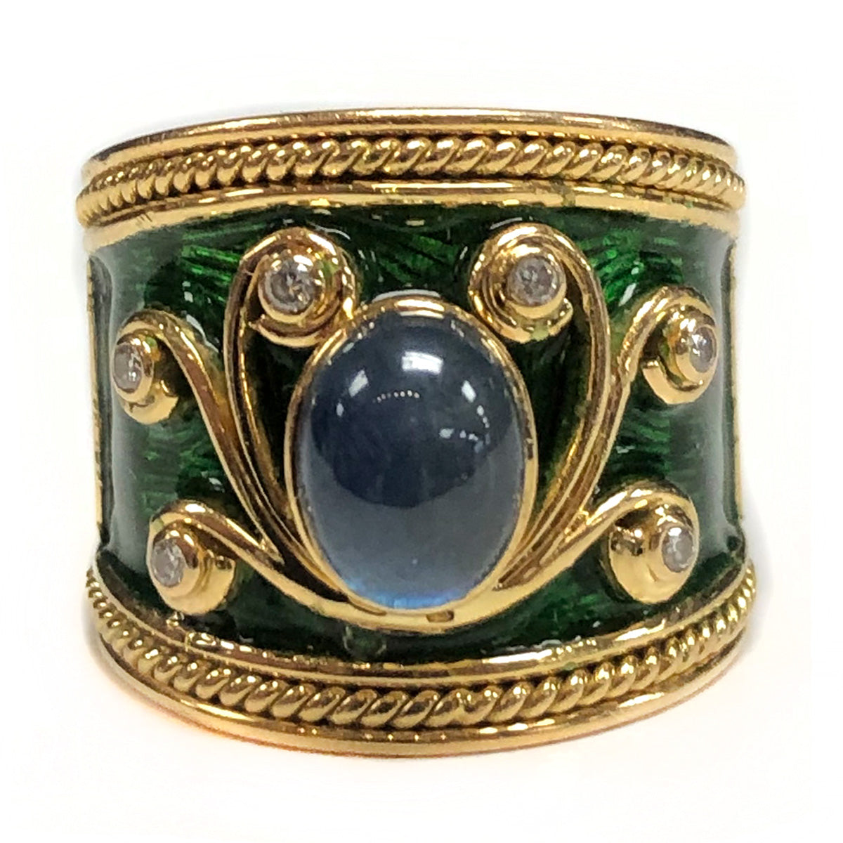 Elizabeth Gage 18k Gold Sapphire &amp; Diamond Templar Ring