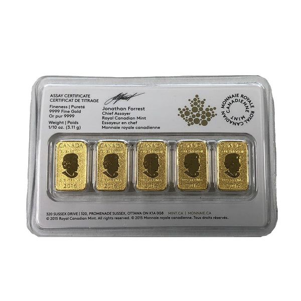 Royal Canadian Mint 1/2 oz Gold Bar Set (In Assay) (5 x 1/10 oz