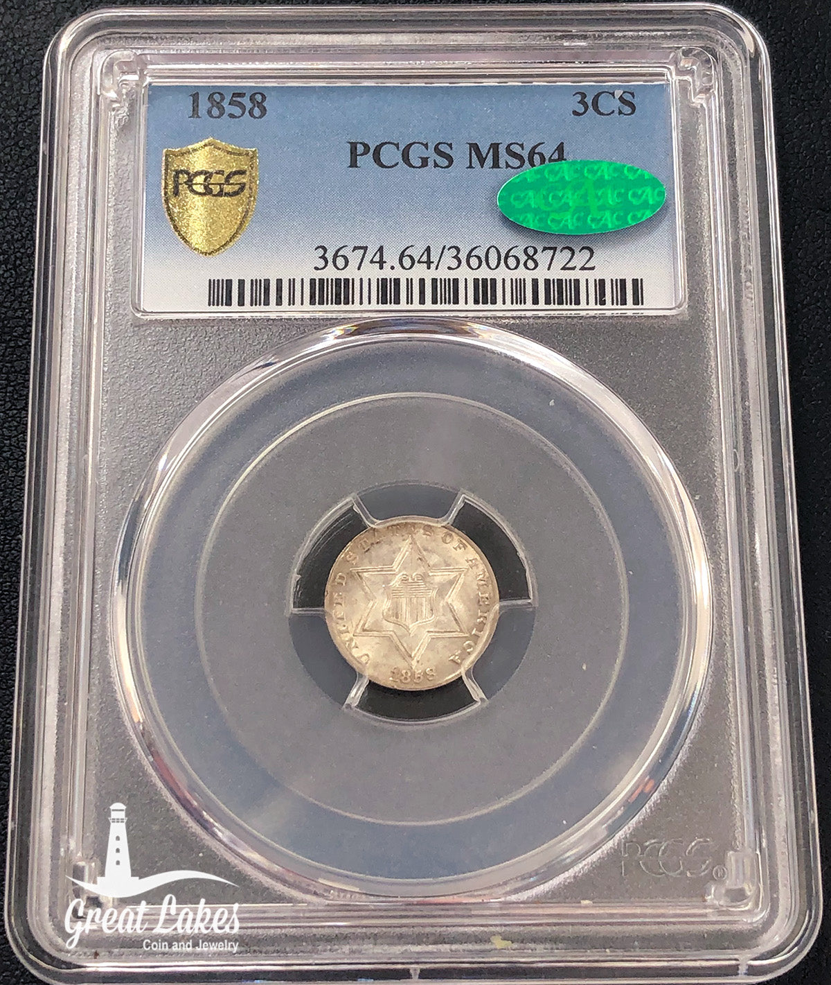 1858 3 Cent Silver PCGS MS64 CAC