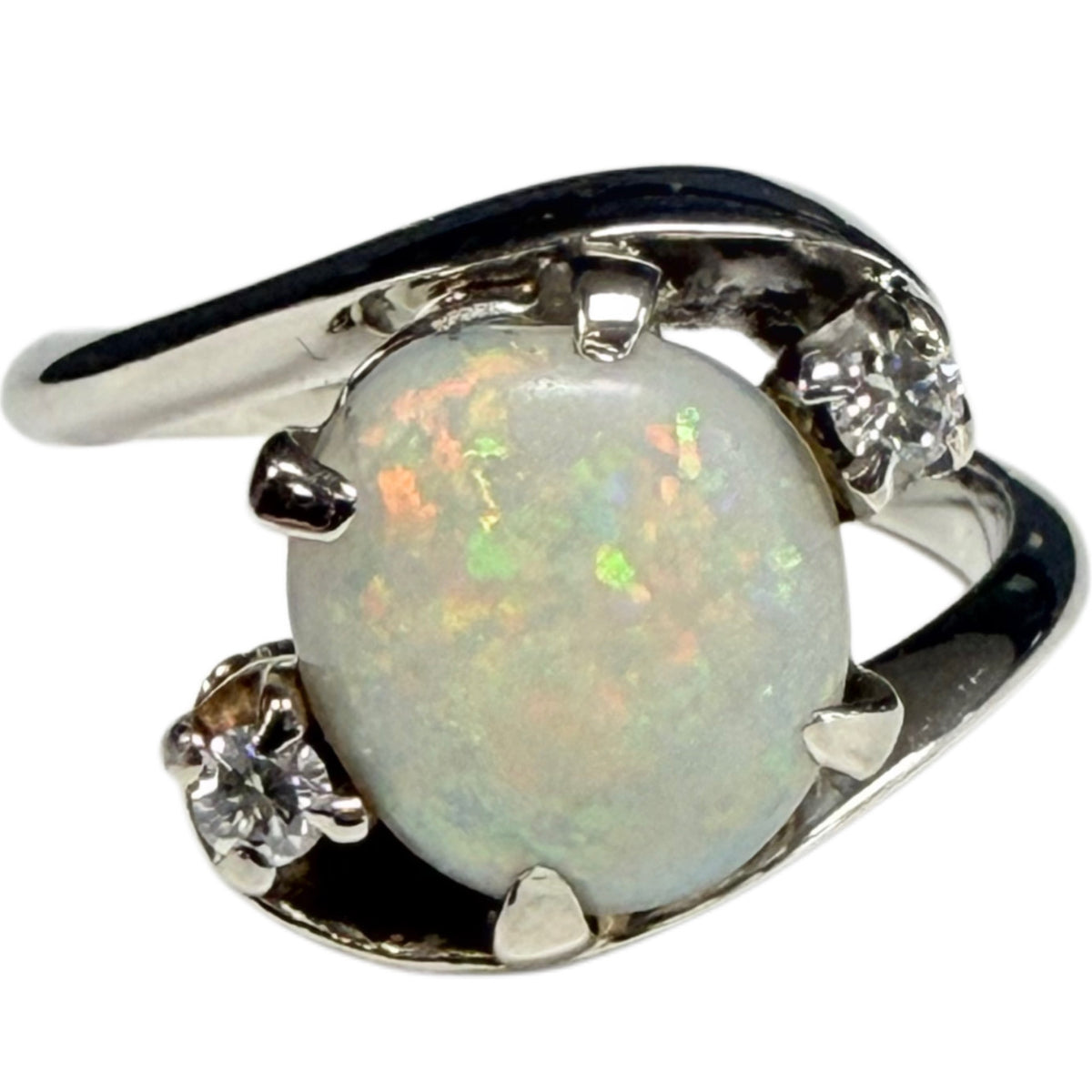 13-14k White Gold Opal and Diamond Ring