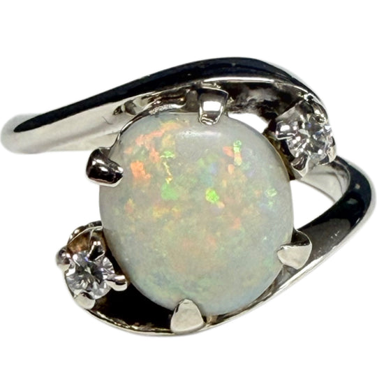 13-14k White Gold Opal and Diamond Ring