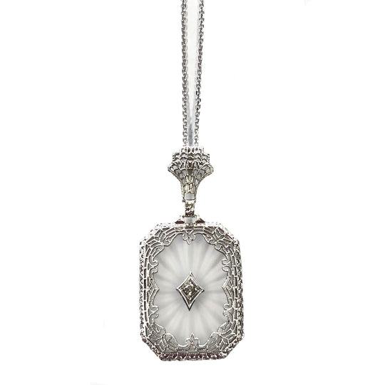 14k White Gold & Diamond Art Deco Necklace