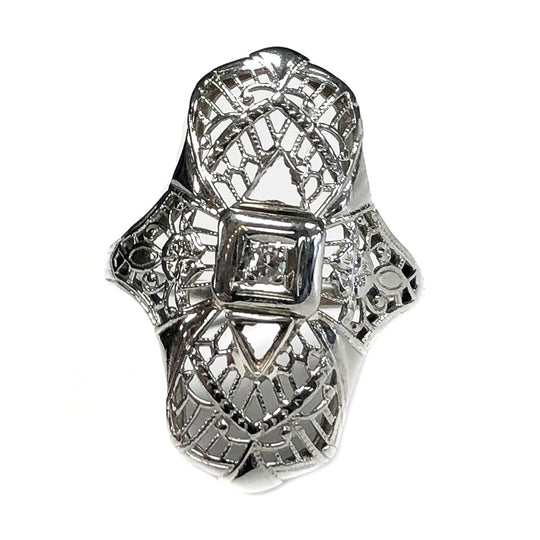 14k White Gold & Diamond Chip Filigree Ring