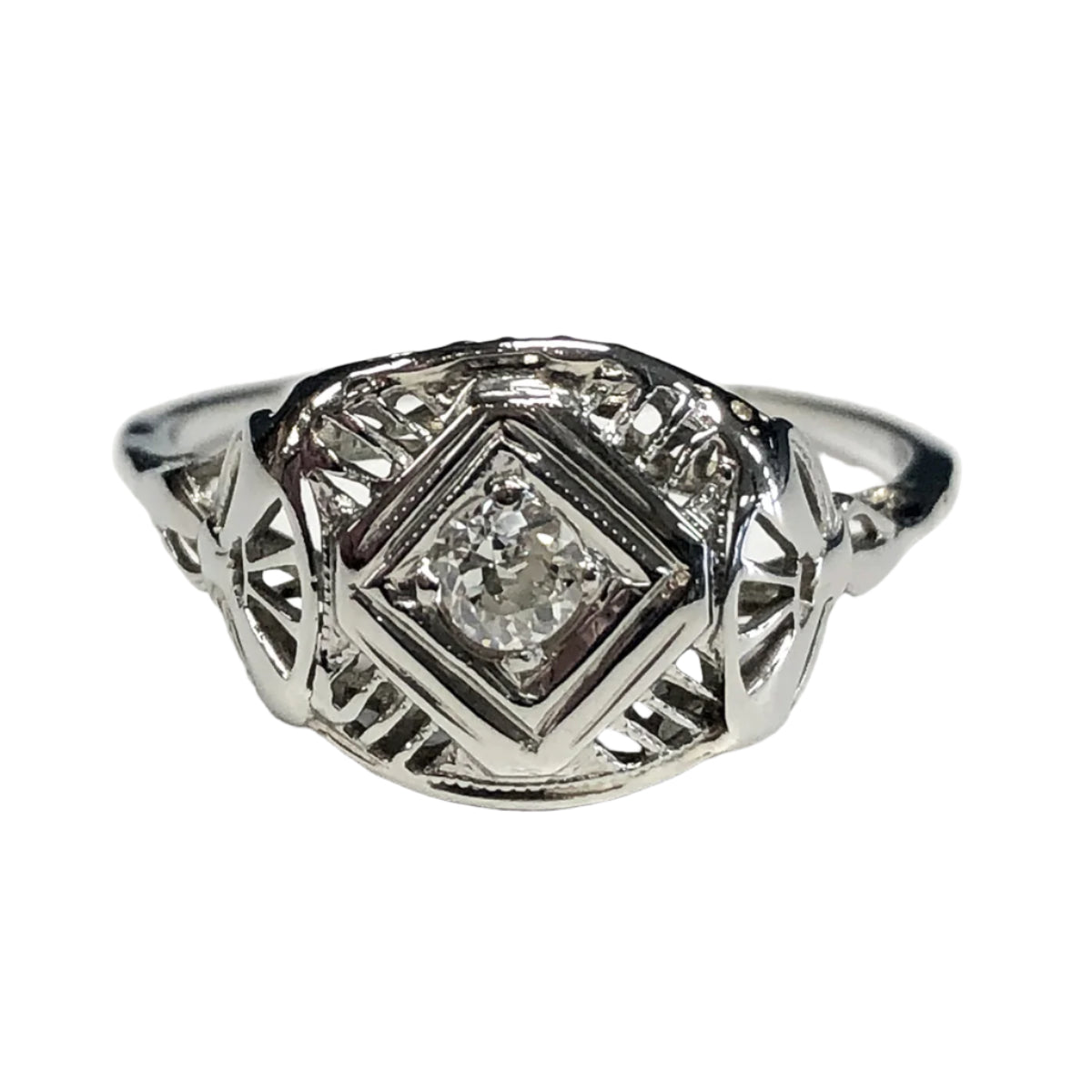 14k White Gold &amp; Diamond Art Deco Ring