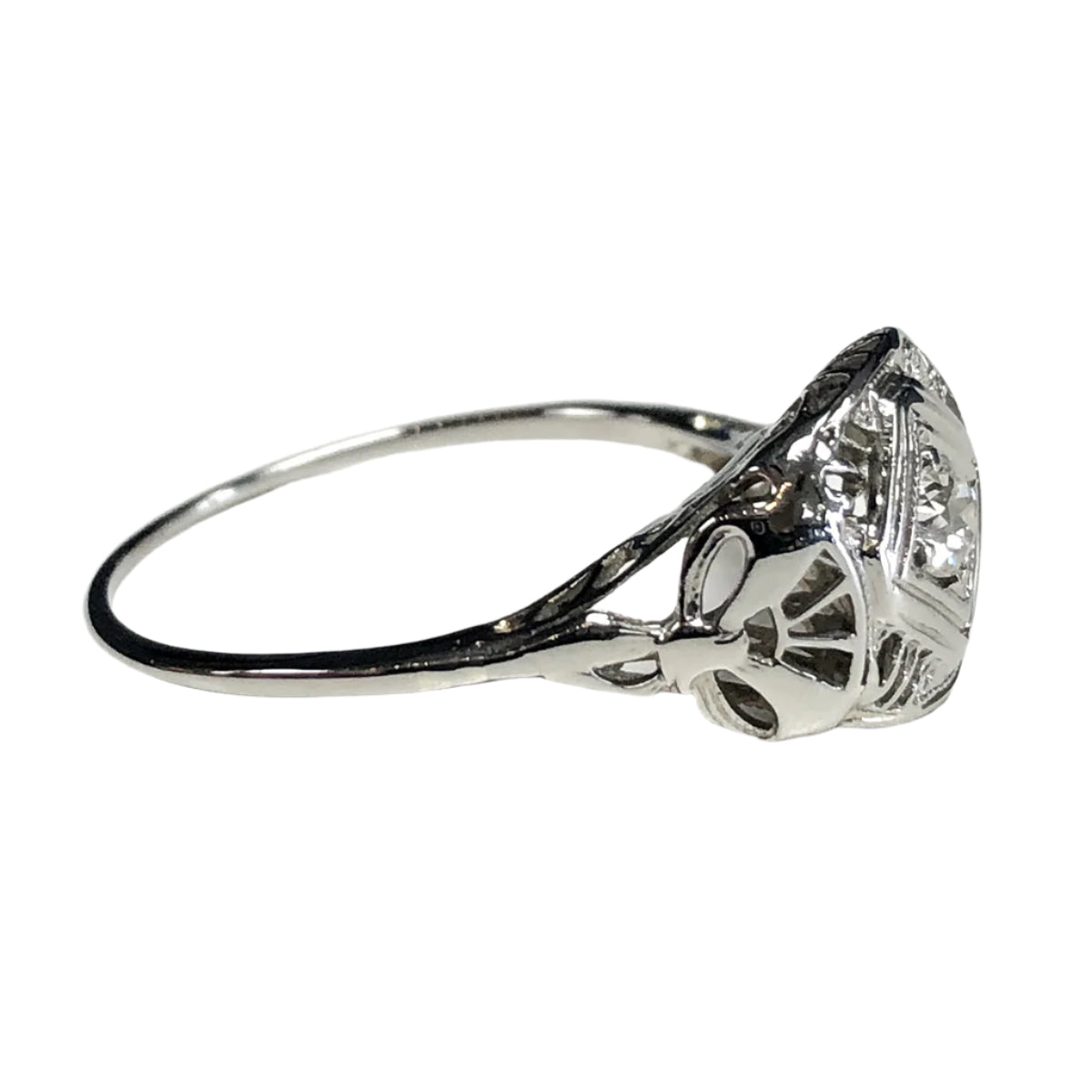 14k White Gold &amp; Diamond Art Deco Ring