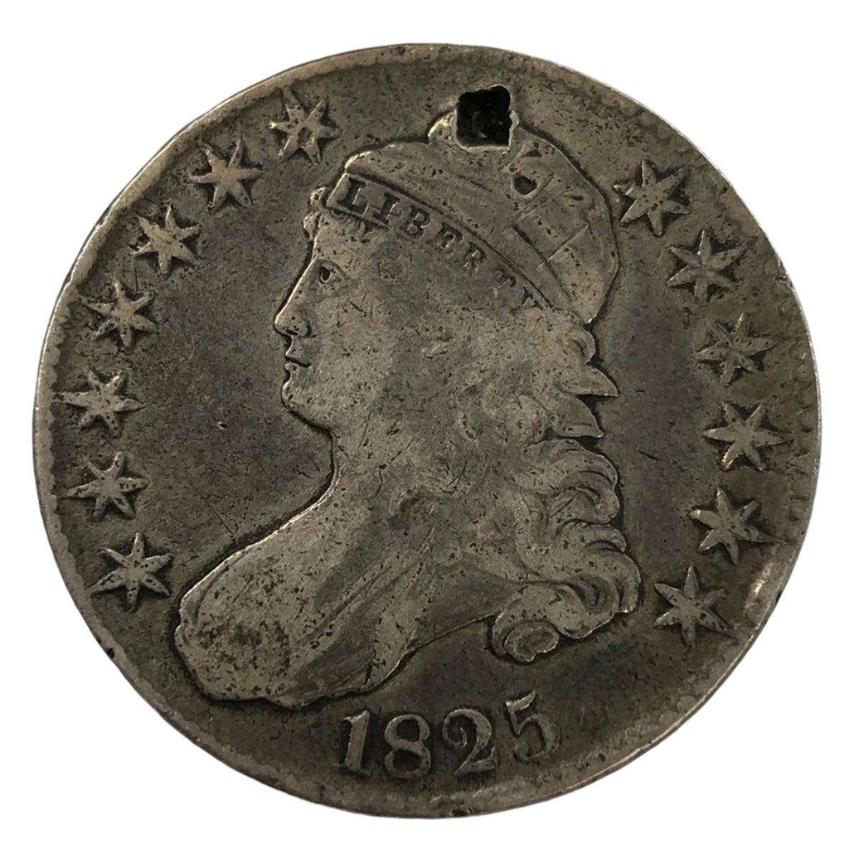 1825 Capped Bust Half Dollar (F Details) (Holed)