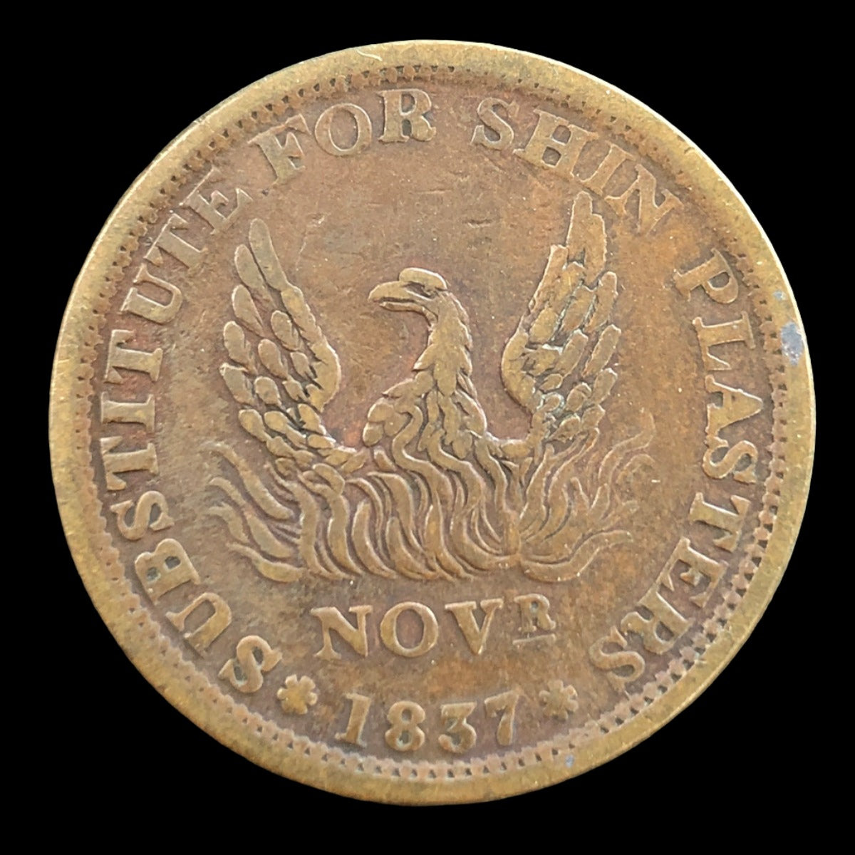 1837 May 10th Hard Times Token “Specie Payments Suspended / Substitute for Shin Plasters”