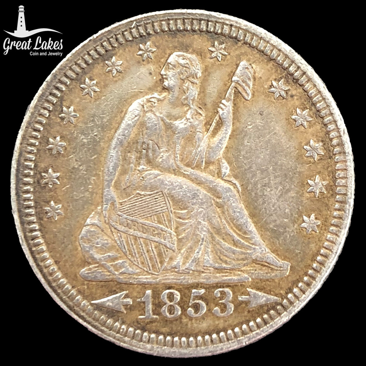 1853 Arrows and Rays Seated Liberty Quarter (XF)