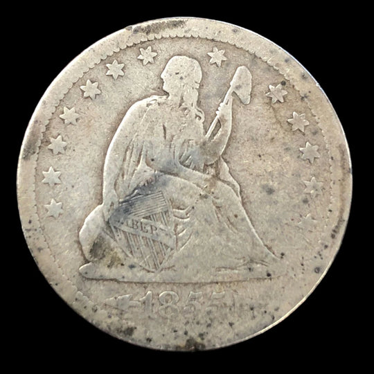1855 Arrows Seated Liberty Quarter (F Details)