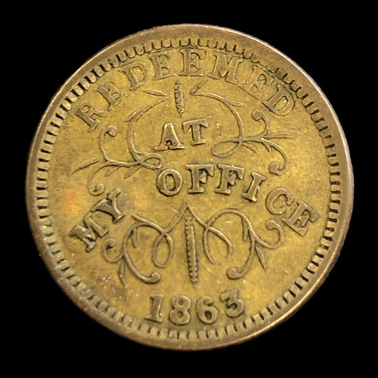1863 Civil War Token / Storecard - Redeemed at my office Oliver Boutwell Miller Troy NY