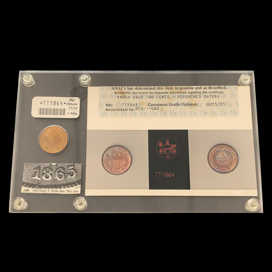 1865 Fancy 5 Two Cent Piece FS-1302 Repunched Date Vintage ANACS AU55