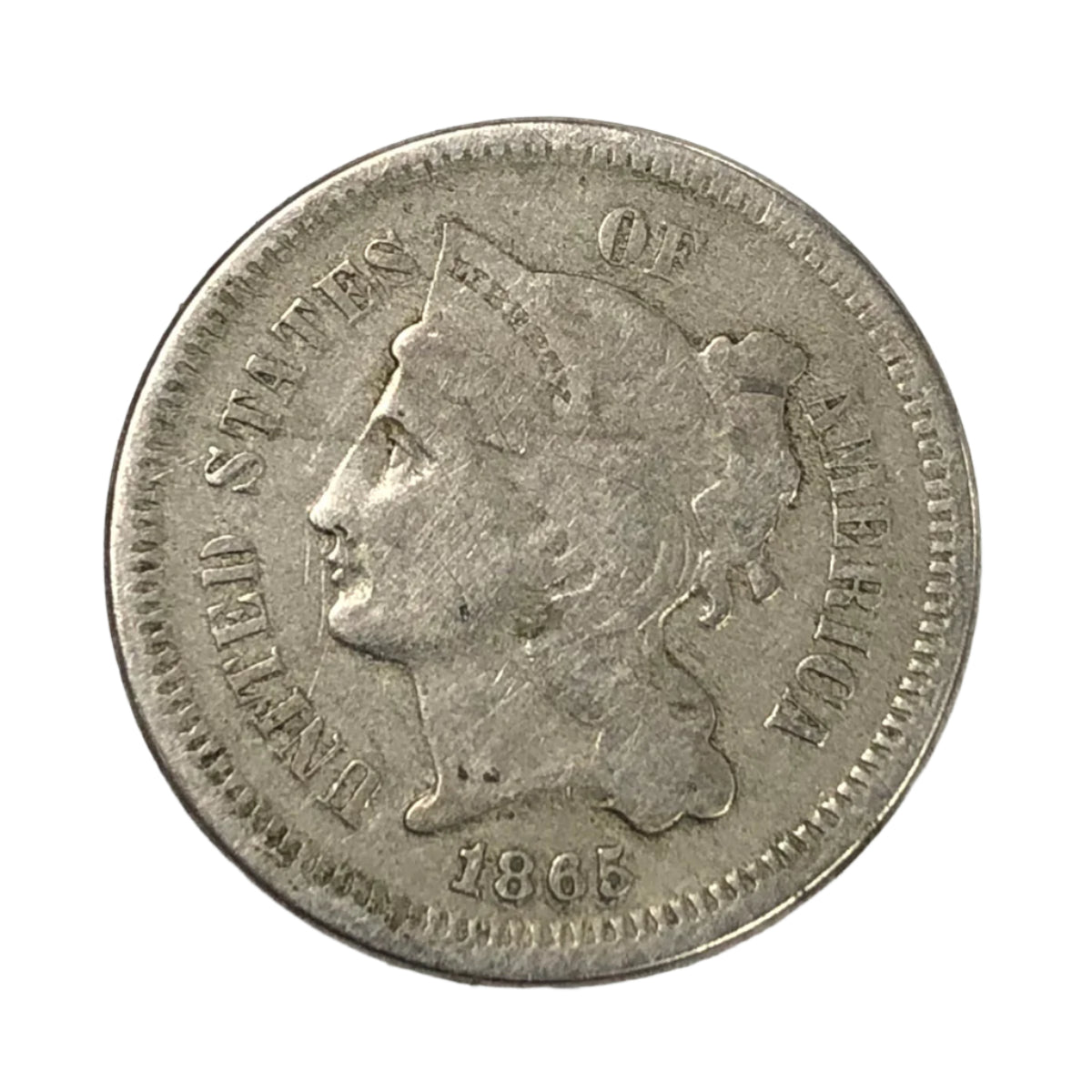1865 Three Cent Nickel With Repunched Date (VG Details)
