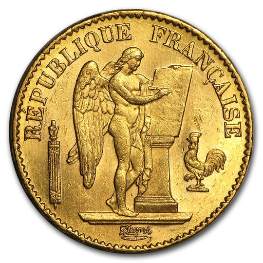 1876-A French Gold 20 Francs Angel (AU / BU)