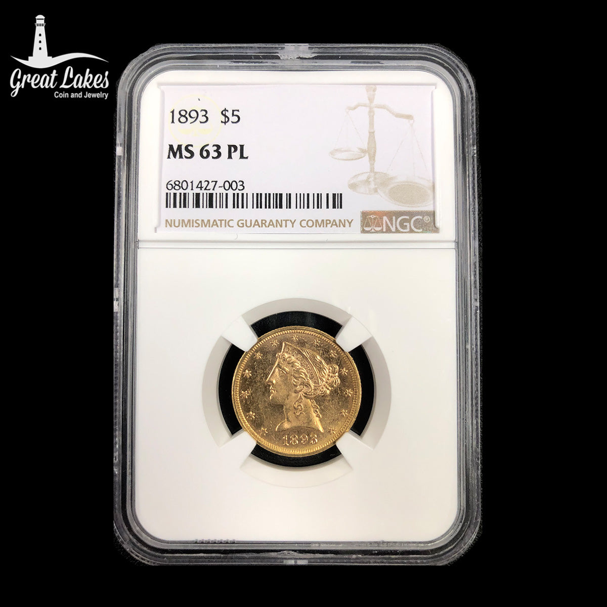 1893 $5 Liberty Gold Half Eagle NGC MS63 PL - Great Lakes Coin