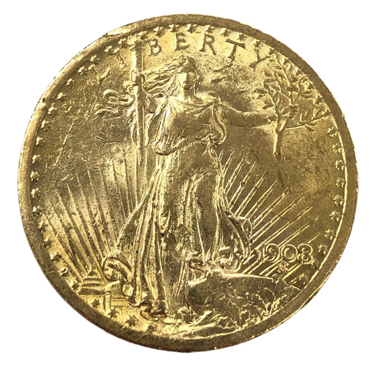 1908 $20 Saint Gaudens Gold Double Eagle No Motto (AU Details)