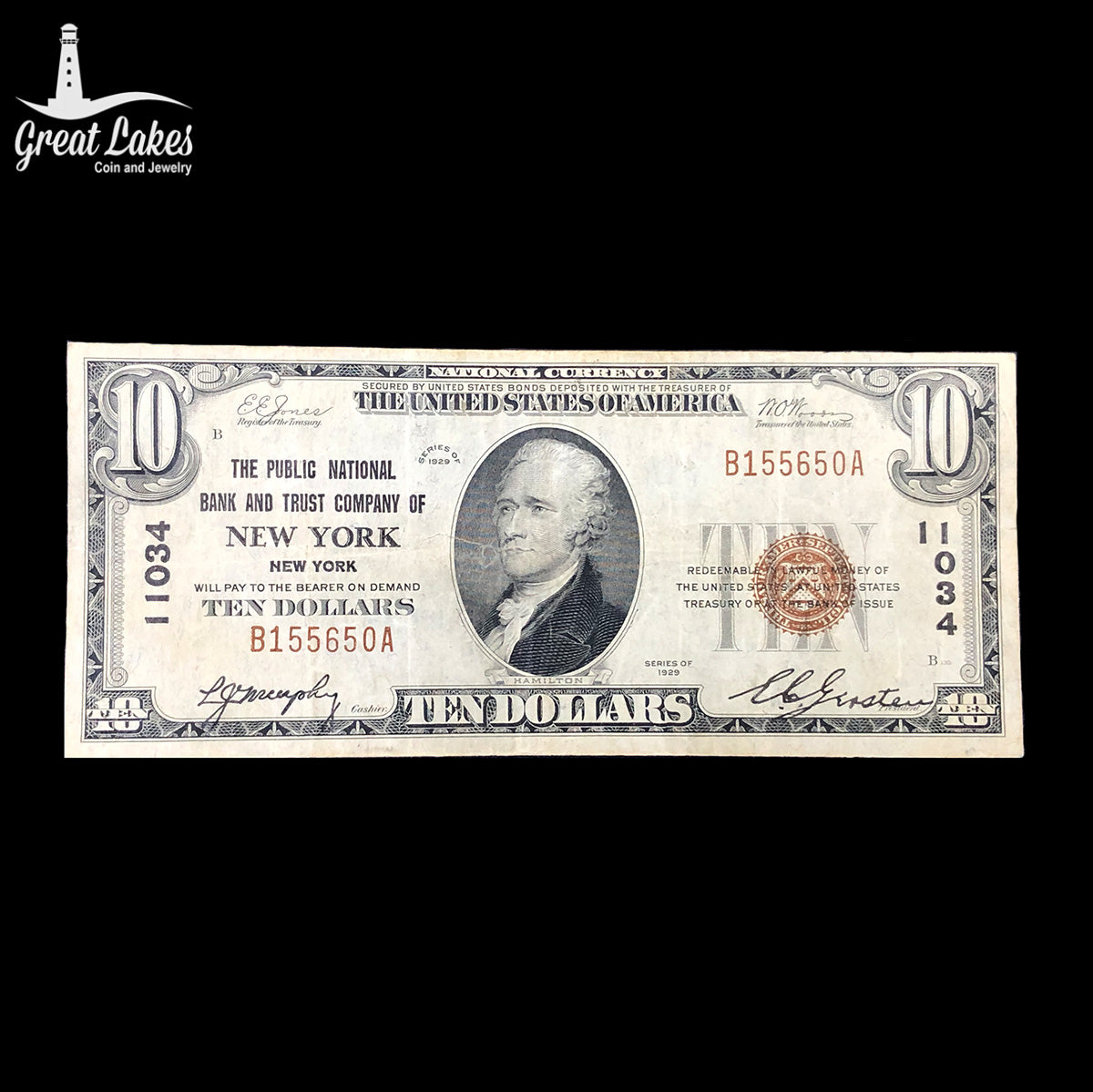 1929 $10 National Bank Note The Public National Bank and Trust Company of New York Charter #11034 VF