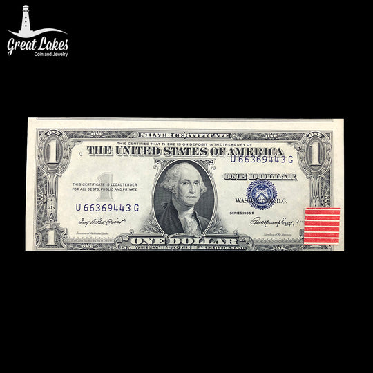 1935-E $1 Silver Certificate Off Center & Flagged BEP (CU)