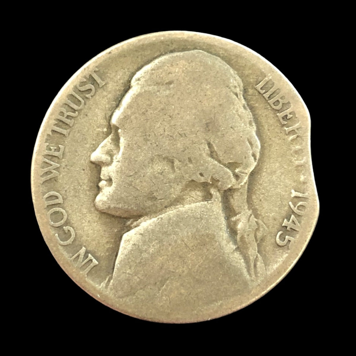 1945-D Jefferson War Nickel Error Clipped Planchet