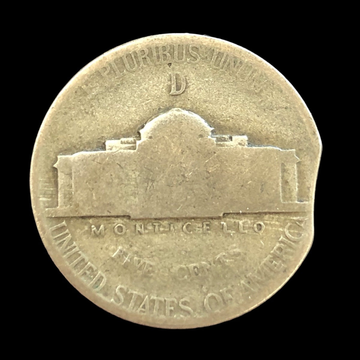 1945-D Jefferson War Nickel Error Clipped Planchet