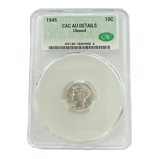 1945 Mercury Head Dime CAC AU Details (Cleaned)