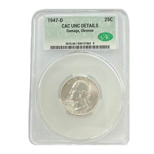 1947-D Washington Quarter CAC UNC Details (Damage Obv)