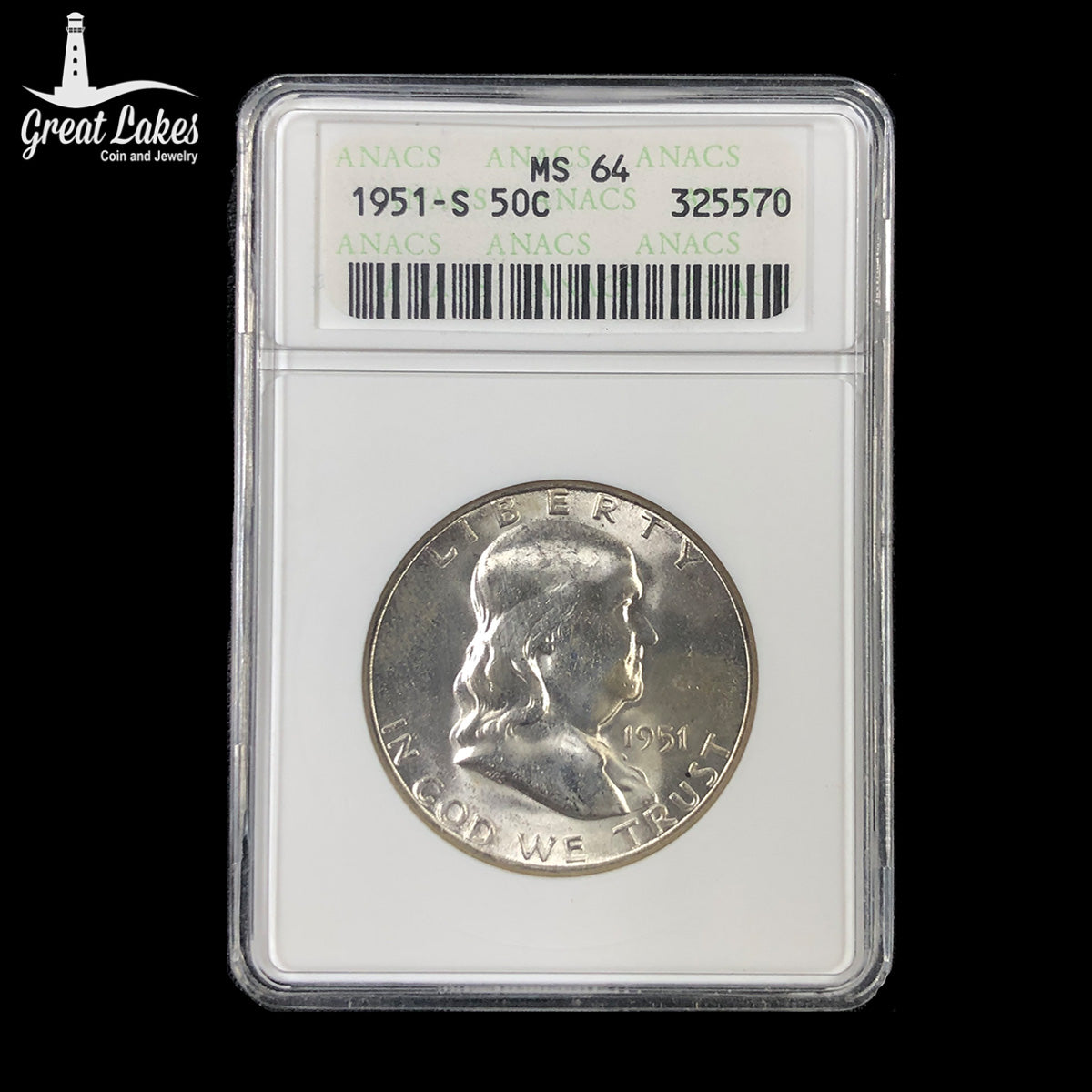 1951-S Franklin Half Dollar ANACS MS64