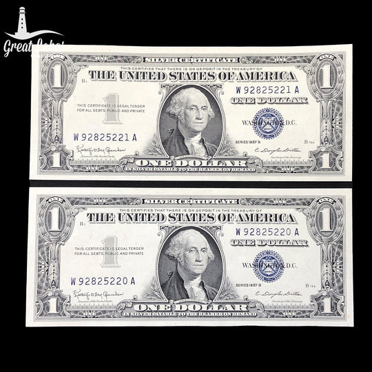 Lot of 2 Consecutive 1957-B $1 Silver Certificates (CU)