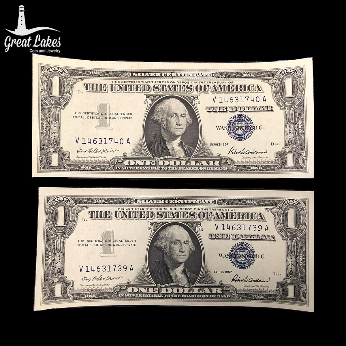 Lot of Two Consecutive 1957 $1 Silver Certificates (CU)