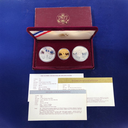 1983-84 Olympic Three Coin Commemorative Proof Set (With Box & CoA)