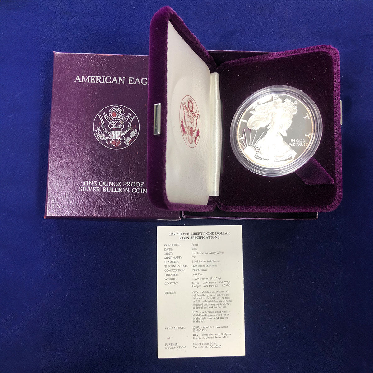 1986-S Proof American Silver Eagle (With Box & CoA)