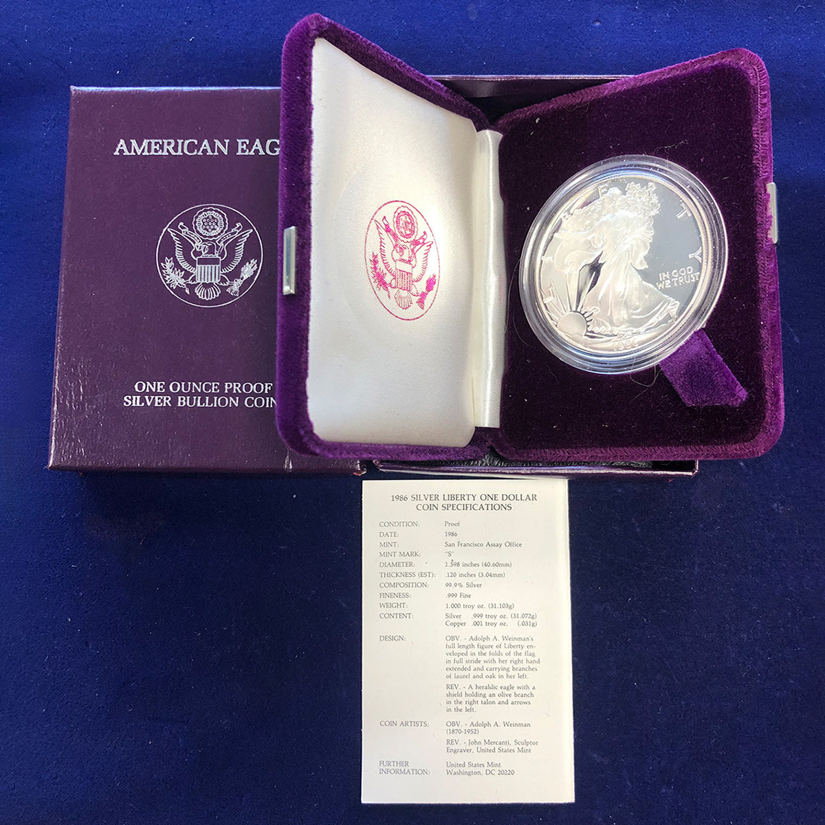 1986-S Proof American Silver Eagle (With Box &amp; CoA)