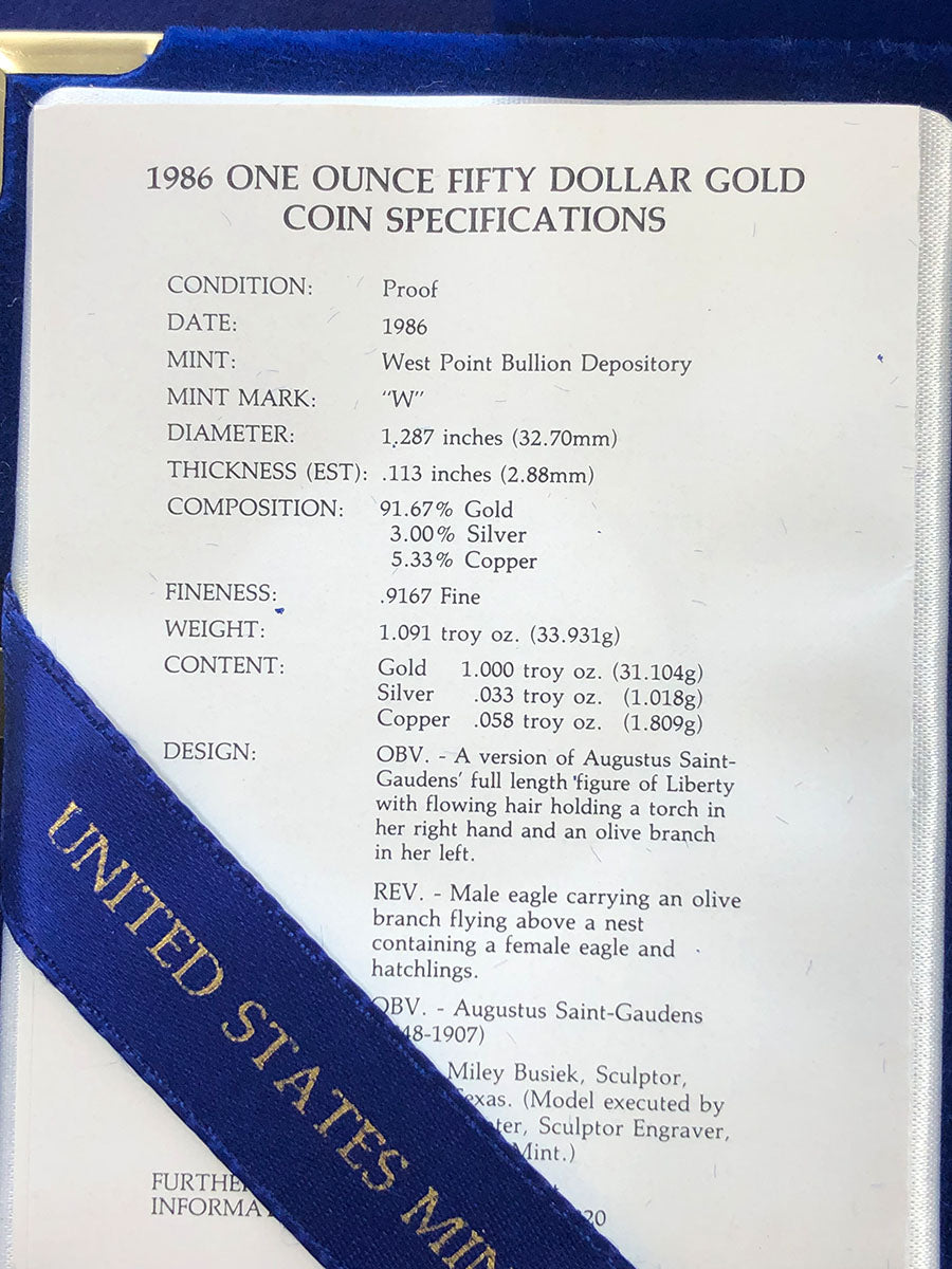 1986-W Proof 1 oz American Gold Eagle (With Box & CoA)