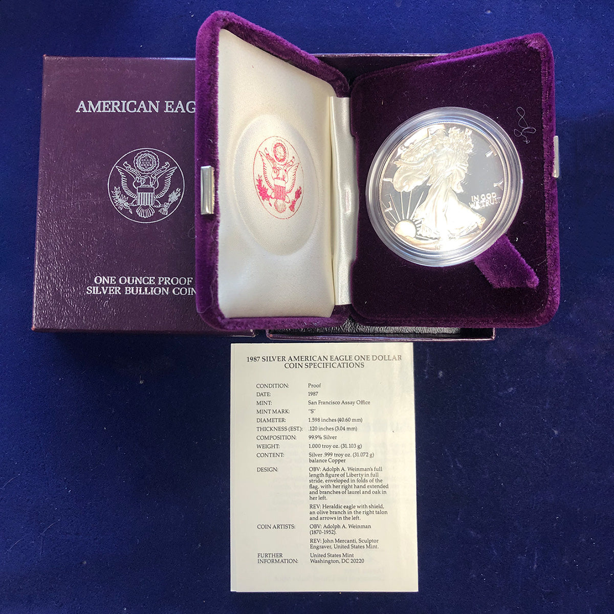 1987-S Proof American Silver Eagle (With Box &amp; CoA)