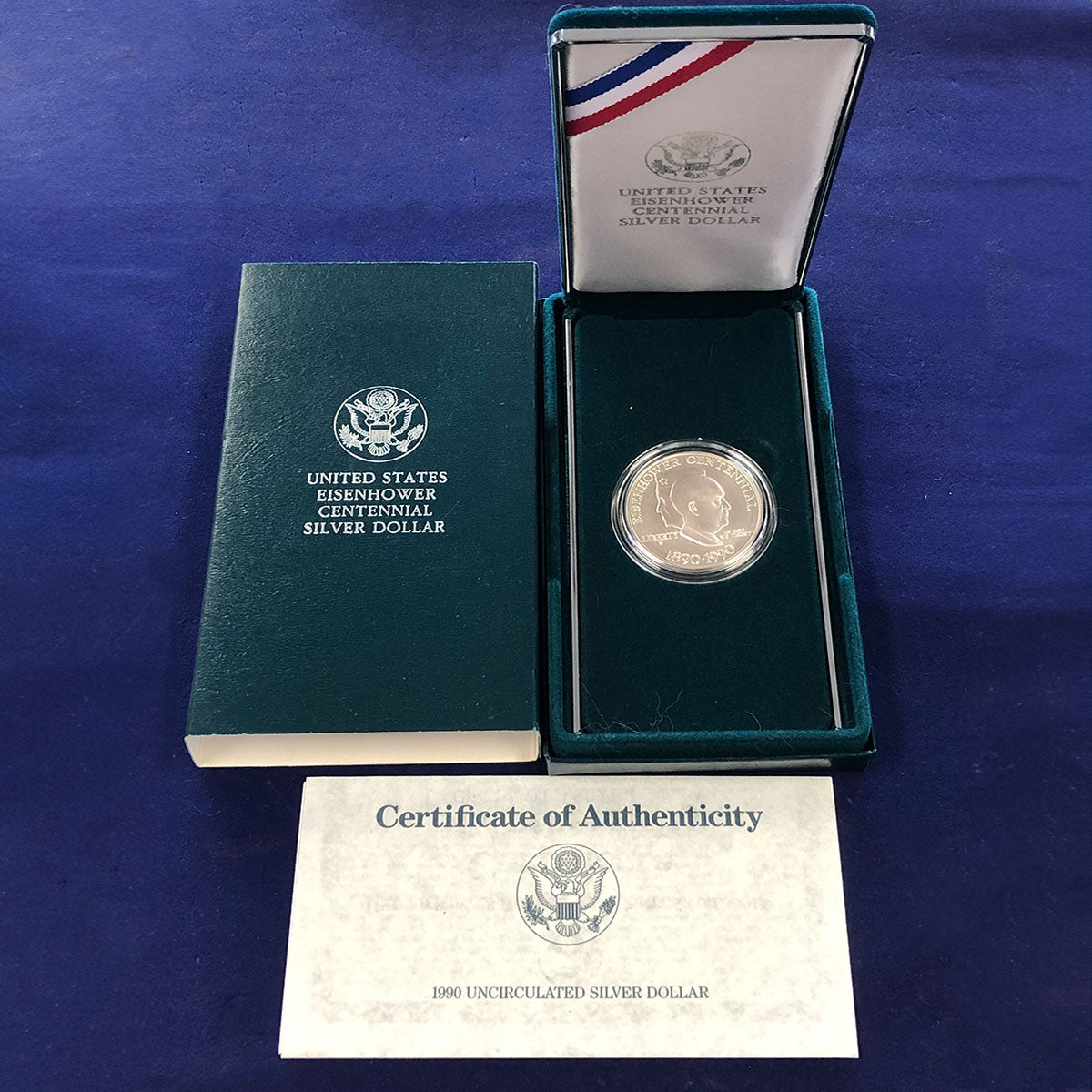 1990-W Eisenhower $1 Silver Commemorative Uncirculated (With Box &amp; CoA)