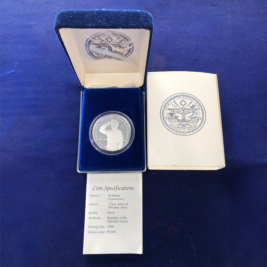 1990 Marshall Islands $50 Silver Eisenhower Commemorative Proof Coin (With Box & CoA)