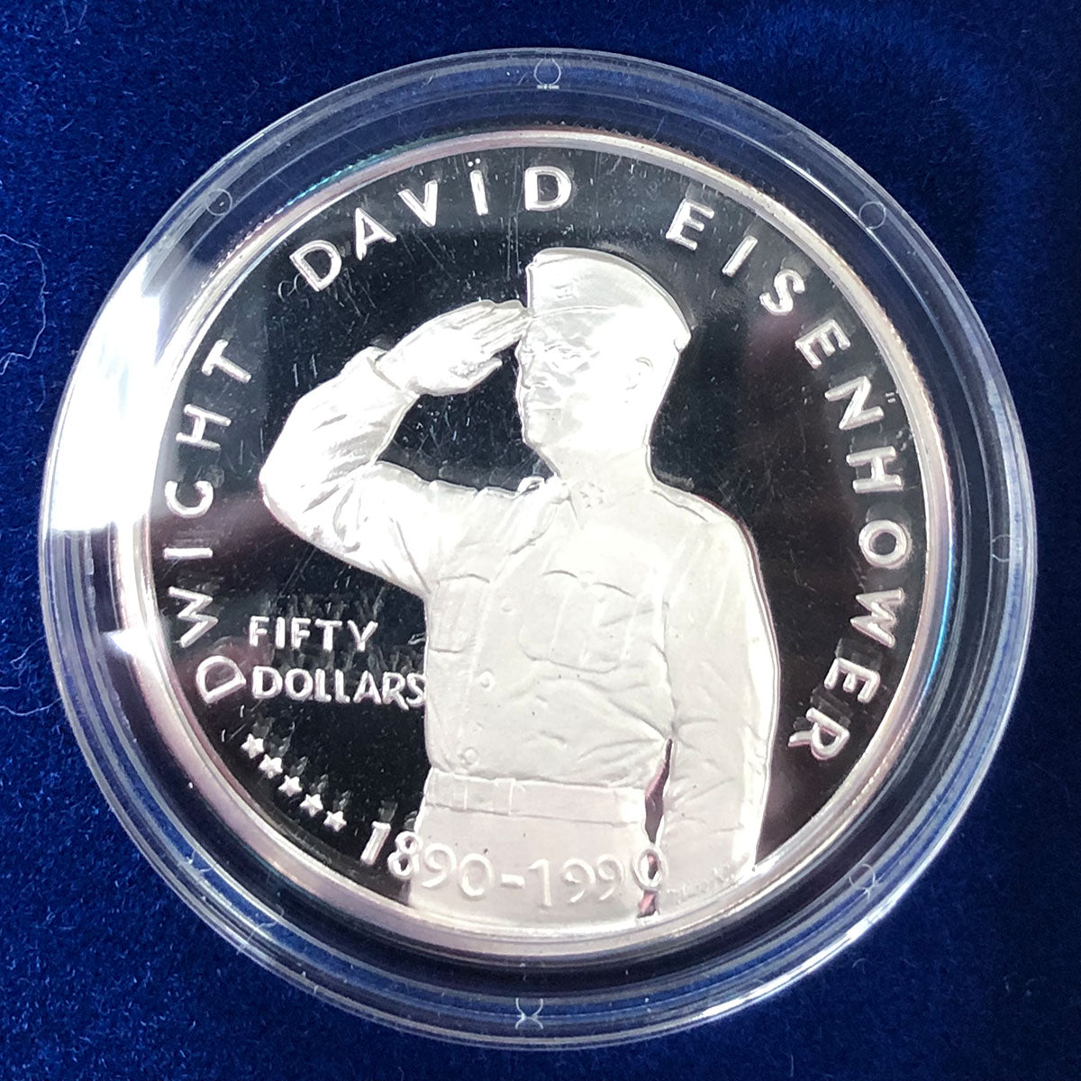 1990 Marshall Islands $50 Silver Eisenhower Commemorative Proof Coin (With Box & CoA)