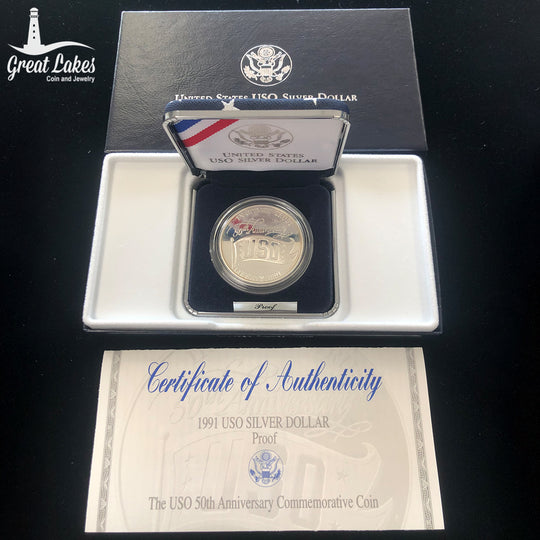 1991-S $1 Silver Commemorative USO Proof (With Box & CoA)