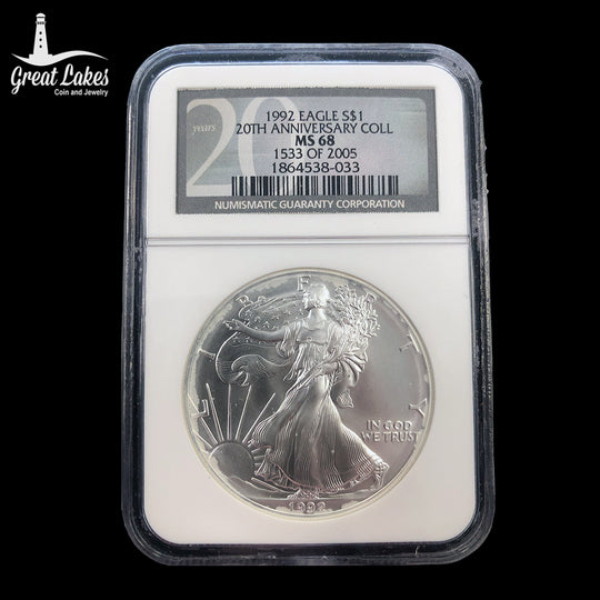 1992 1 oz American Silver Eagle NGC MS68 20th Anniversary Holder