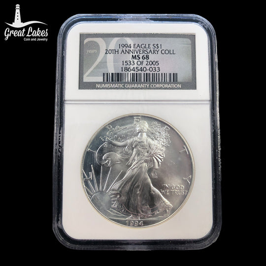 1994 1 oz American Silver Eagle NGC MS68 20th Anniversary Holder