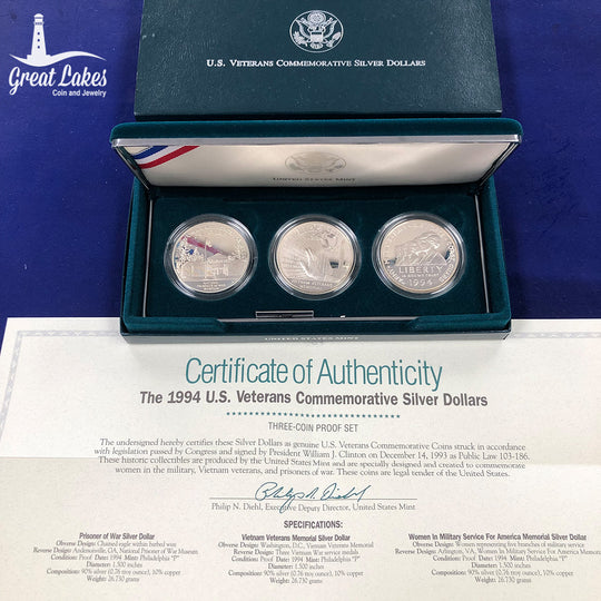 1994 Three Coin Veterans Proof Set (With Box & CoA)