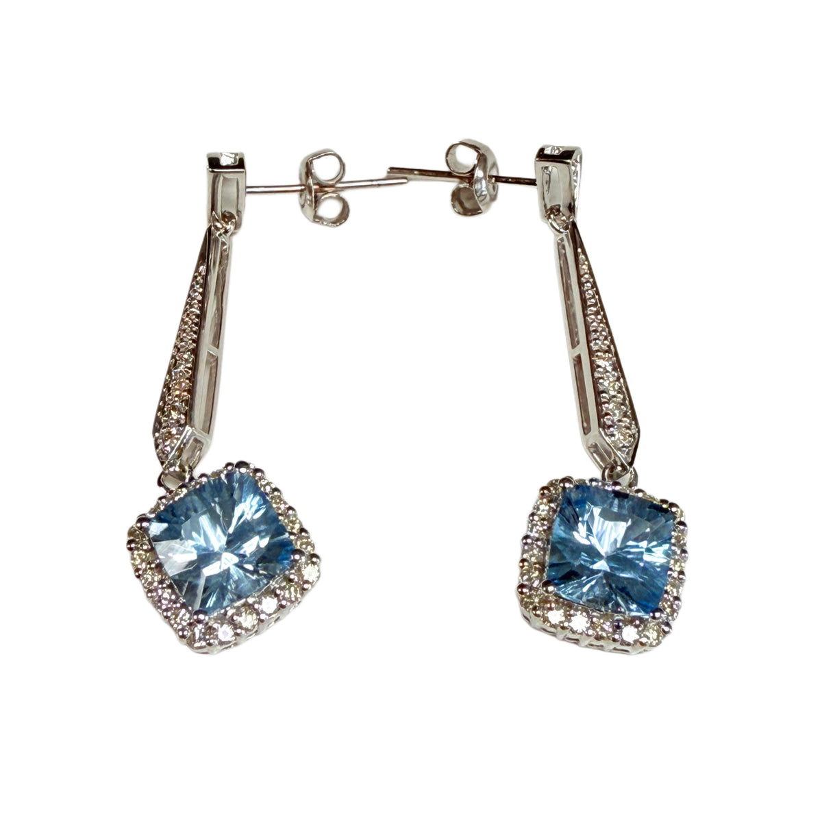 14k White Gold Blue Topaz & Diamond Earrings