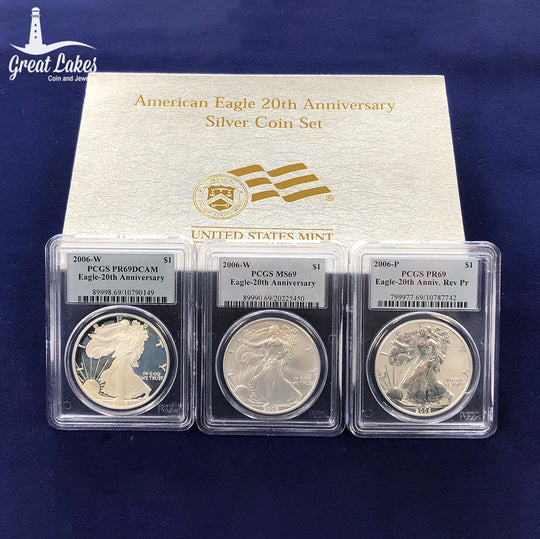 2006 3 Piece American Silver Eagle 20th Anniversary Set PCGS MS69