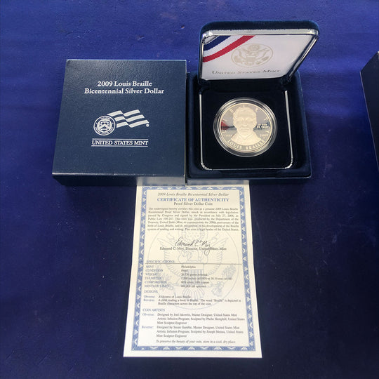 2009-P Louis Braille $1 Silver Commemorative Proof (With Box & CoA)