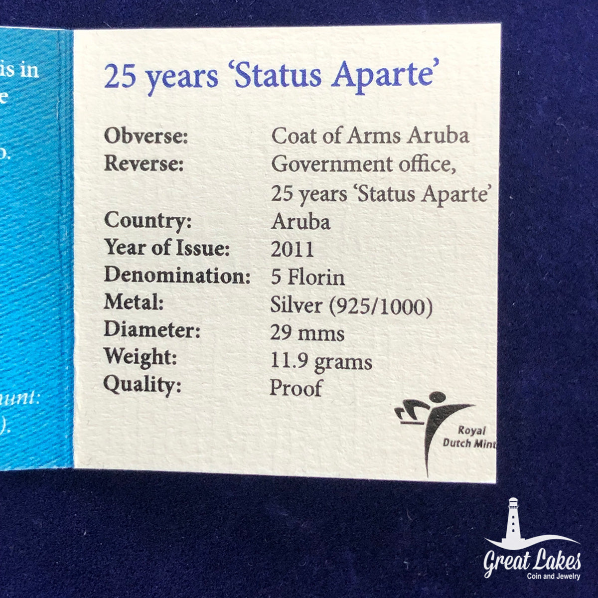 2011 Aruba 5 Florin Status Aparte Silver Coin (With Box & CoA)