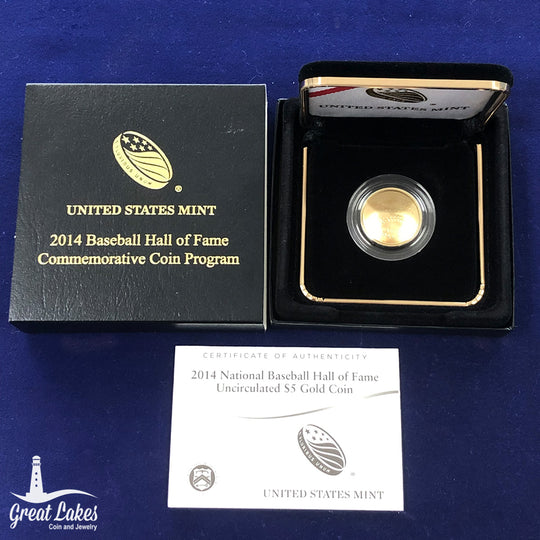 2014-W $5 Baseball Hall of Fame Gold Uncirculated Commemorative (With Box & CoA)
