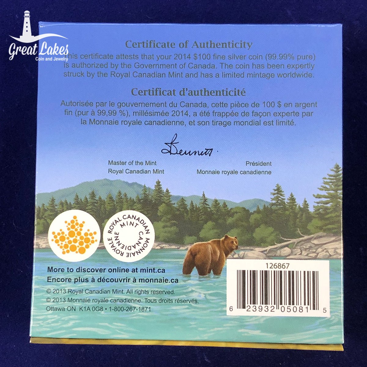 2014 Canadian $100 1 oz Silver Grizzly Bear (With Box & CoA)