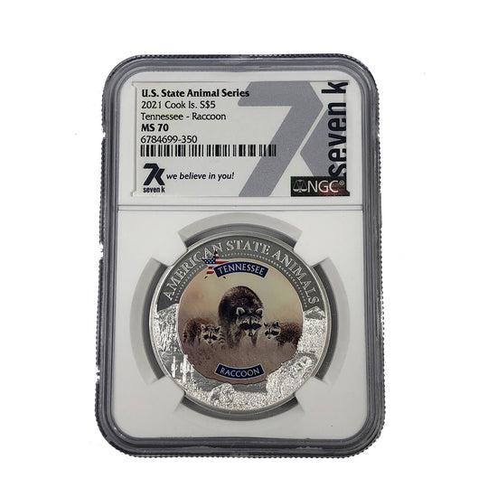 2021 1 oz Silver Cook Island Tennessee Raccoon NGC MS70